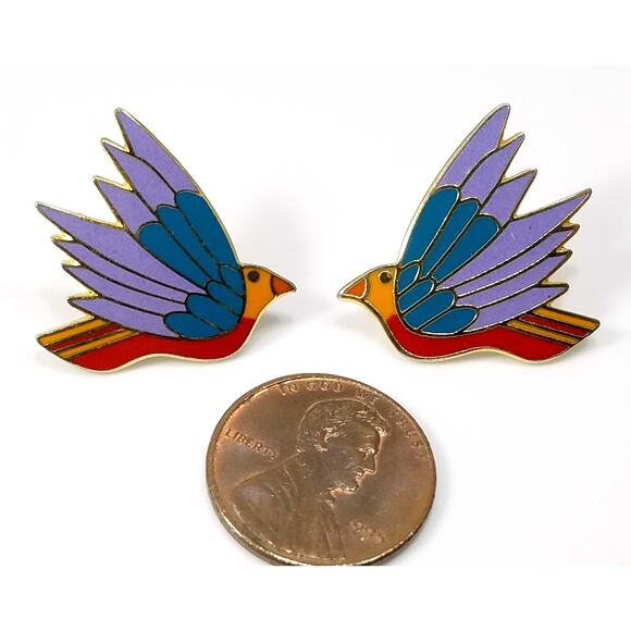 Laurel Burch "Celeste" Bird Earrings, Gold Plated Cloisonne Enamel, 1980s - Picture 3 of 10